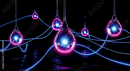 Futuristic Neon Liquid Drops Network. glowing spheres, sci fi connection, abstract digital energy