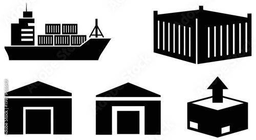 Black silhouette icons representing various global shipping and logistics service operations