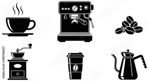 Set of black coffee icons featuring equipment and beverage items