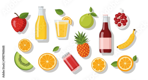 Flat lay vector illustration featuring fresh fruits and fruit juices including apple, pineapple, banana, kiwi, pear, cherries, orange slices, bottled beverages and juice glass.