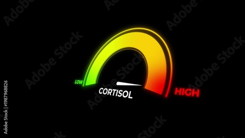 Animated gauge showing cortisol level rising to high then falling to normal. Perfect for stress, adrenal fatigue, hormonal balance, and mental health content.