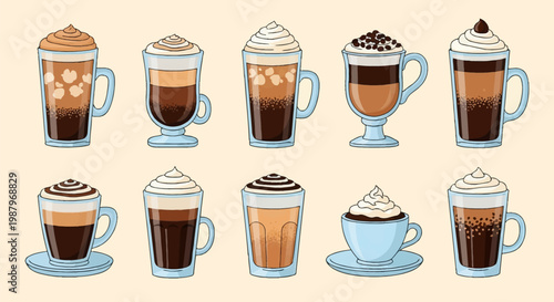Illustration set of ten various coffee beverages in glass mugs, featuring layers of espresso, milk foam, whipped cream, chocolate drizzle, and cocoa powder toppings on a plain background.