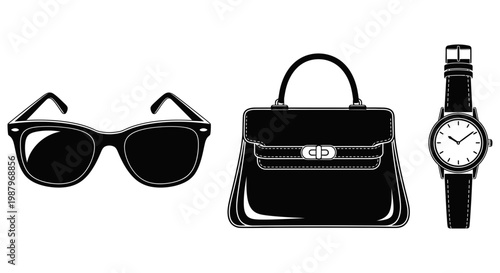 Elegant fashion accessories including stylish sunglasses handbag and a classic watch