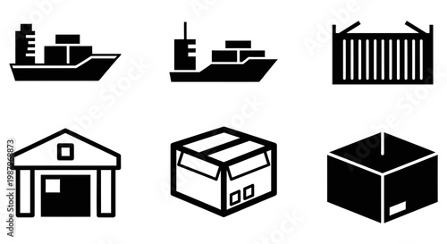 Set of black logistics icons featuring shipping and warehousing storage elements