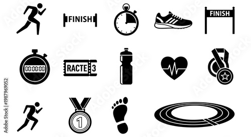 Set of black and white athletic icons for sports activities