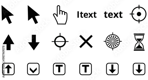 Black and white cursor icons for digital user interface design layouts