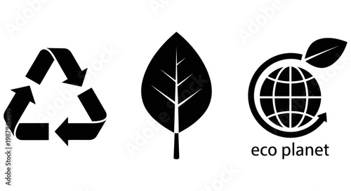 Three simple black icons representing sustainability and global environmental friendly practices
