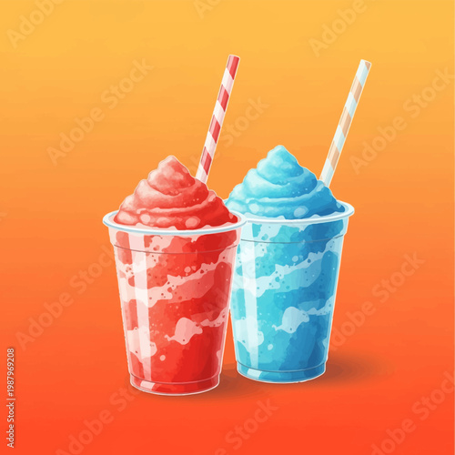 Two frozen slushie drinks in red and blue flavors with striped straws in clear plastic cups, isolated on a warm orange and yellow gradient background digital illustration.