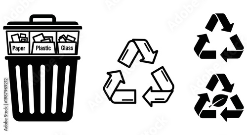 Black icons showing a divided recycling bin and triangular symbols