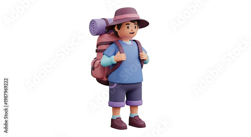 3D Cartoon Kid Traveler with Backpack and Hat