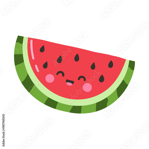 Cute kawaii watermelon slice on white background. Vector illustration 