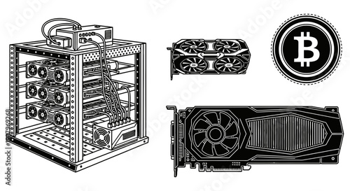 Cryptocurrency mining rig featuring multiple high performance computer graphics card components
