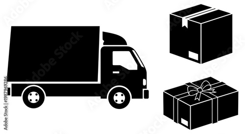 Black delivery truck icon with cardboard shipping boxes for logistics services