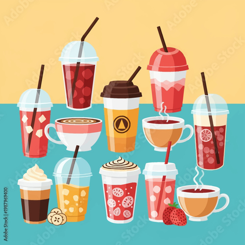 Vector illustration of assorted colorful beverages including iced tea, takeaway coffee, fruit smoothies, hot tea, and milkshakes in plastic cups with straws and ceramic mugs.