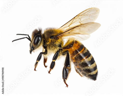 Detailed Macro Profile of a Honey Bee Isolated on White Background Showing Wings and Fuzzy Body