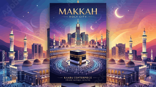 Makkah Holy Mosque with Kaaba and Minarets.