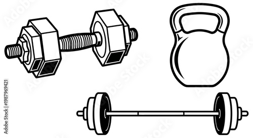 Set of black and white fitness gym equipment and exercise weights