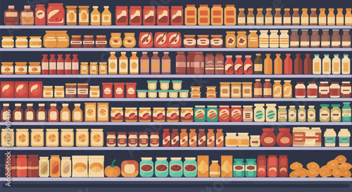 Vector illustration of supermarket grocery store shelves stocked with various food products including glass jars of jam, bottles of condiments, canned goods, and packaged snacks in rows.