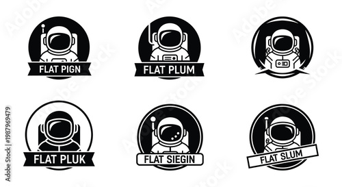 Black and white circular emblems featuring astronauts and text banners