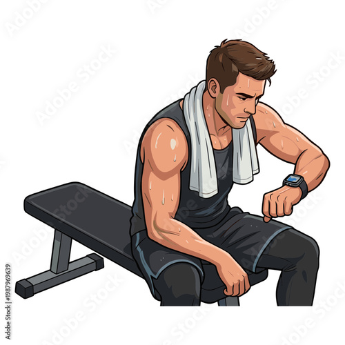 Man sits on gym bench checking fitness watch with towel around neck