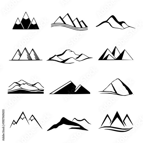 Collection of stylized mountain range illustrations in various iconic designs for adventure and nature themes