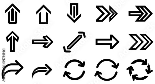 Collection of diverse black arrow icons for website interface design navigation