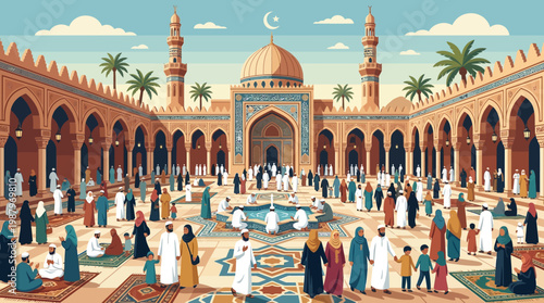 Detailed Illustration of a Traditional Mosque Courtyard with Minarets and Dome.