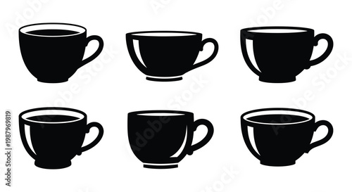 Six black silhouette teacups arranged in a simple grid pattern