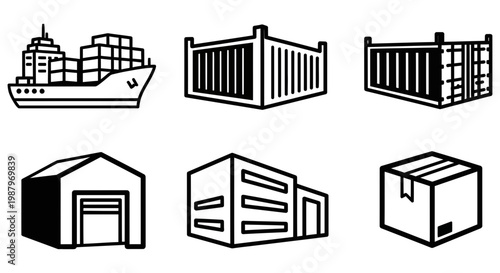 Set of black and white icons representing global shipping logistics operations