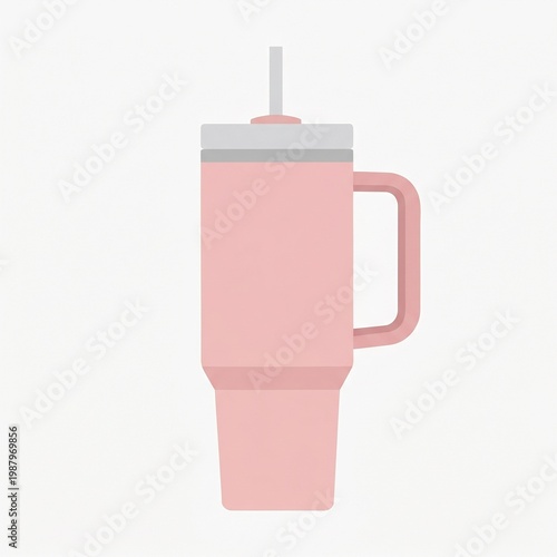 Minimalist pink insulated travel tumbler with handle and straw reusable thermal cup isolated on white background
