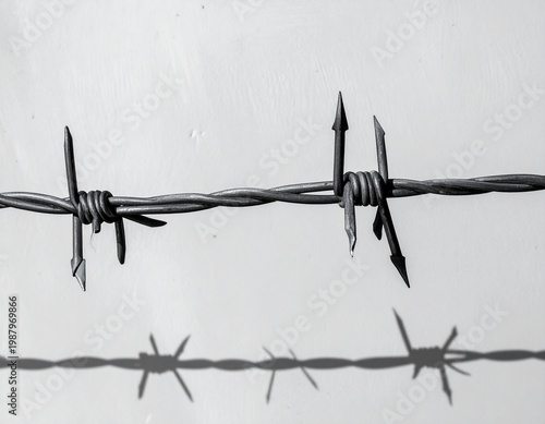 鋭く冷徹な質感の有刺鉄線と白い背景。防犯や境界を意味するスタイリッシュな素材