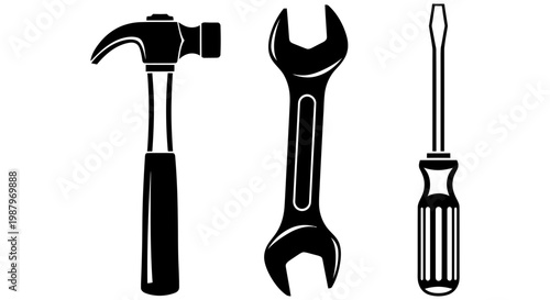 Black silhouette icons of a hammer wrench and a screwdriver