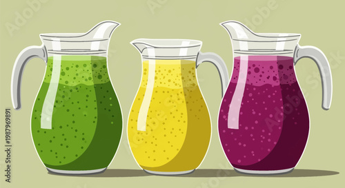 Flat vector illustration of three glass jugs filled with vibrant green, yellow, and purple fruit smoothies or juices, featuring bubble textures on a solid light green background.