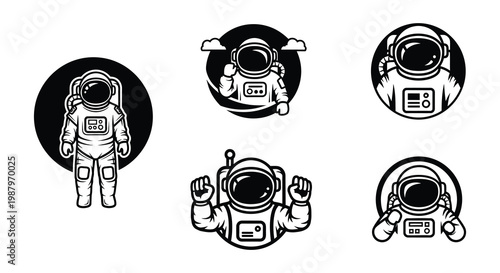 Black and white circular emblems featuring astronauts and text banners