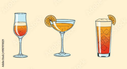 Vintage hand-drawn vector illustration of three alcoholic cocktails including a bubbly champagne flute, an orange martini in a coupe glass, and a tall iced beverage with foam garnish.