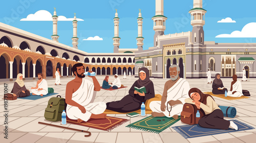 People Sitting and Relaxing in Mosque Courtyard.