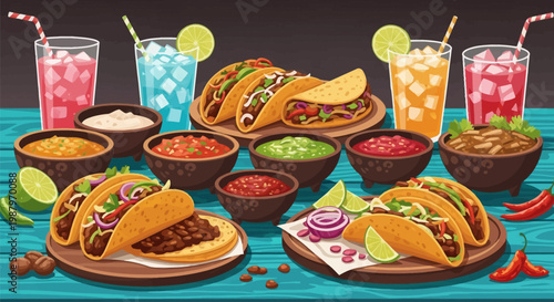 Vector art of Mexican cuisine spread with beef tacos, corn tortillas, diverse salsas, guacamole, sour cream, colorful iced beverages with lime slices, and red chili peppers on blue wood background.