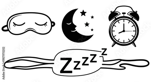 Hand drawn collection of various sleep related icons and symbols
