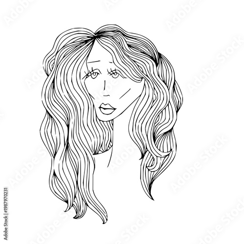 An Artistic Illustration of a Wavy Haired Woman with Expressive Eyes and a Distinctive Mouth