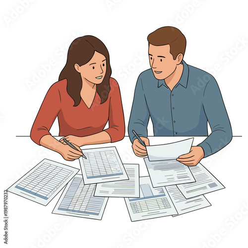 Two colleagues discussing documents at a table with papers