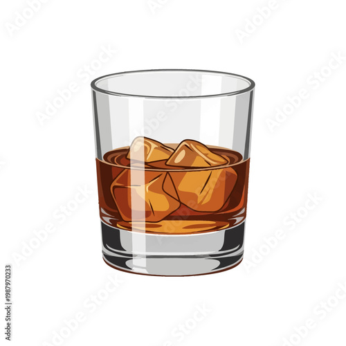 Vector illustration of a clear tumbler glass filled with amber whisky or bourbon and ice cubes on the rocks, isolated on a white background, featuring realistic reflections.