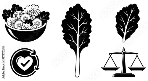 Collection of healthy diet icons featuring salad leaves and weighing scales