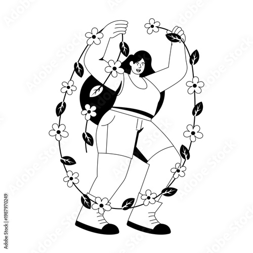 A glyph style illustration showing a character fixing garlands carefully
