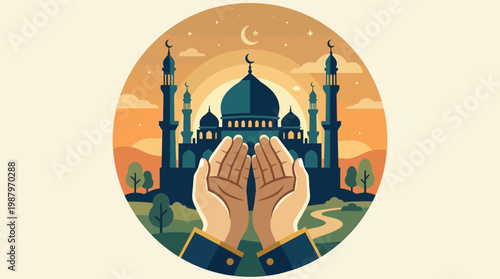 Islamic Mosque with Hands in Prayer Illustration.