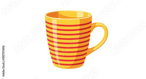 Vector illustration of a yellow ceramic mug featuring horizontal red stripes and a handle, isolated on a white background. Modern glossy cup design for coffee or tea service.