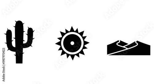 Minimalist icons depicting a desert cactus sun and sand dunes