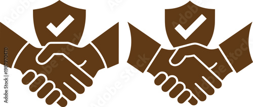 Secure business handshake with shield and checkmark icon symbolizing agreement trust partnership or deal security vector illustration, white backgroun