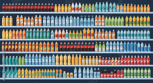 Flat vector illustration of neatly organized rows of various colorful beverage bottles on supermarket shelves including soda, mineral water, fruit juice, and carbonated drinks.