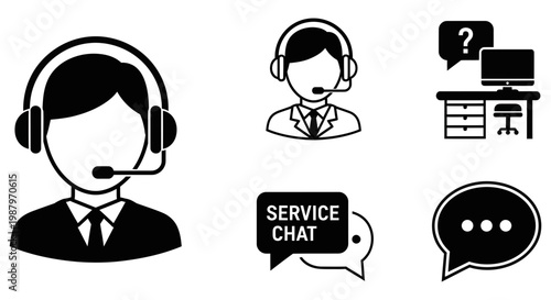 Customer support icons depicting service agents and digital chat communication tools