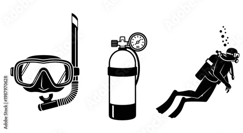 Scuba diving gear icons including mask snorkel tank and diver
